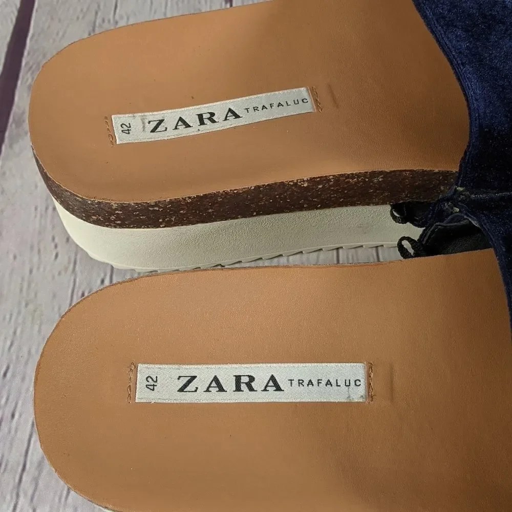 Zara Trafaluc Blue Velvet Platform Slides Sandals